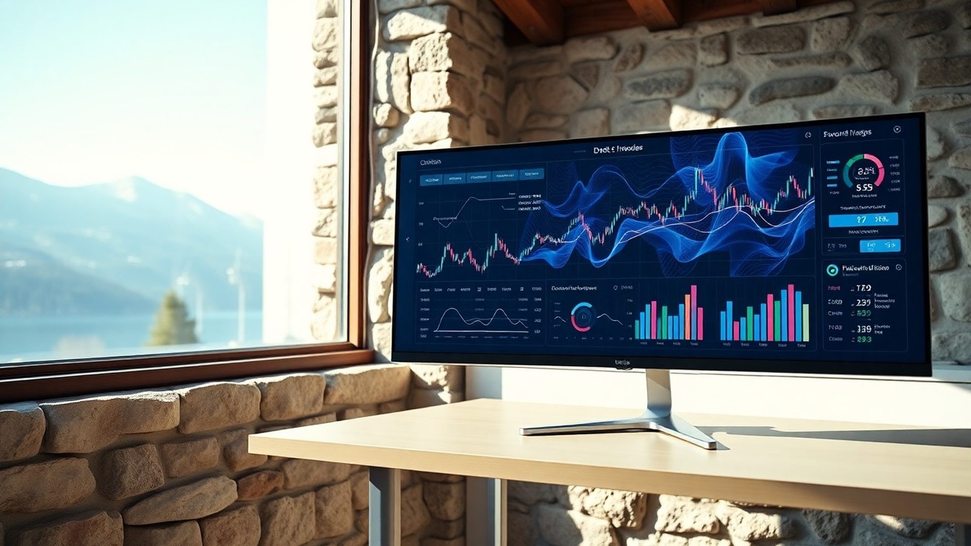 Nadzorna plošča trading platforme Studio Horvat z grafikoni v indigo barvni shemi