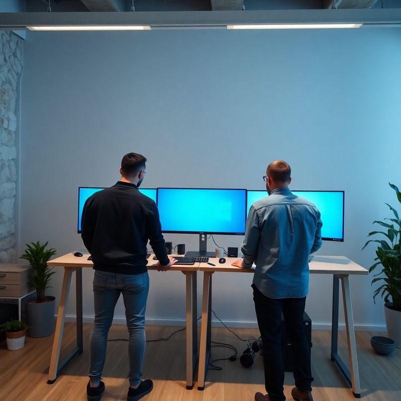 Razvojna ekipa Studio Horvat v celjski pisarni ob monitorjih z indigo osvetlitvijo